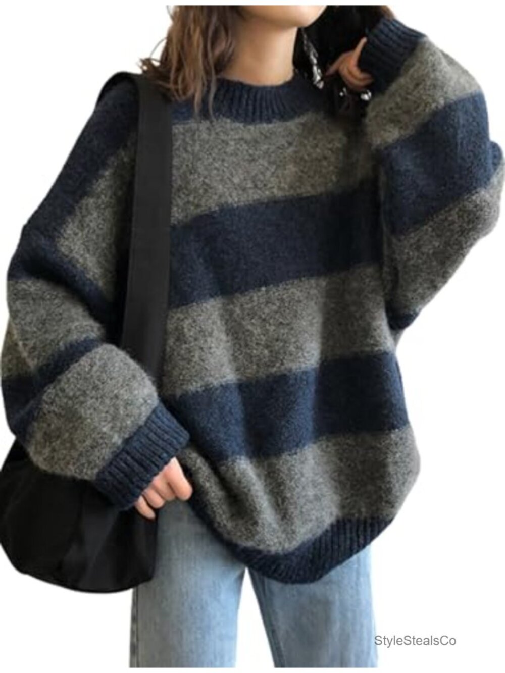Women's Oversized Striped Long Sleeve Crewneck Knit Pullover Sweater